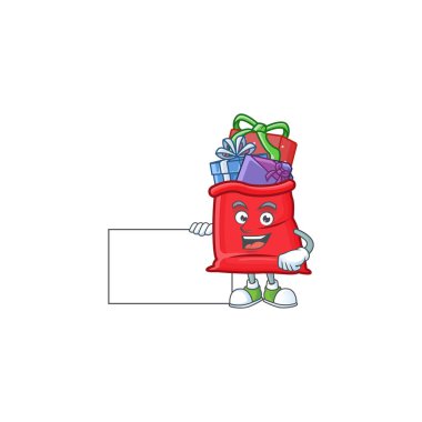 Hediyelerle dolu Noel Baba çantası tahtası olan sevimli çizgi film karakteri.