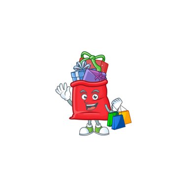 Hediyelerle dolu neşeli Noel Baba çantası. Çizgi film karakteri el sallıyor ve alışveriş torbaları tutuyor.