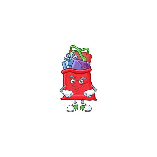 Santa bag full of gift mascot cartoon style with Smirking face — Stock Vector