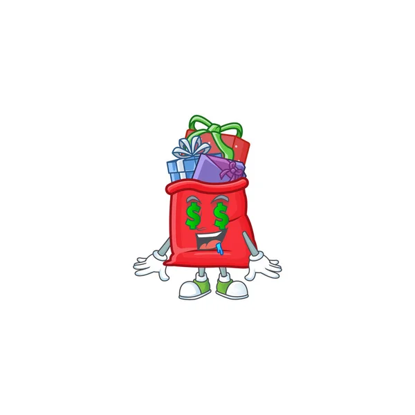 Kerstman tas vol met cadeau met geld oog cartoon karakter ontwerp — Stockvector
