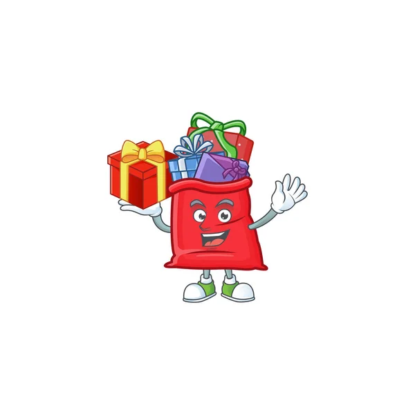 Maskoten av Santa väska full av gåva karaktär upp en gåva — Stock vektor