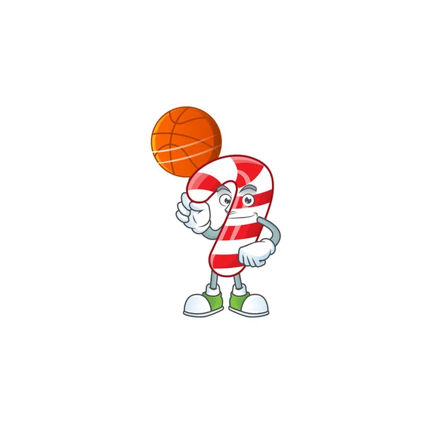 Mascota de Navidad caramelo caña de dibujos animados estilo de personaje con baloncesto — Vector de stock