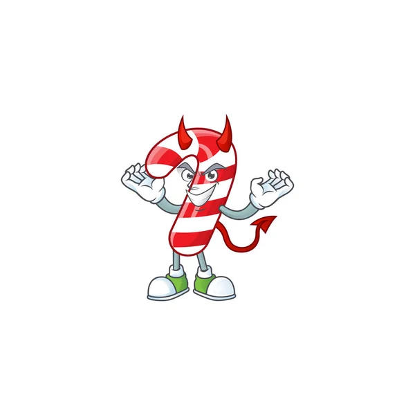 悪魔のジェスチャーデザインのクリスマスキャンディー杖のマスコット漫画 — ストックベクタ