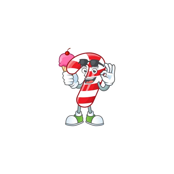 Karakter maskot yang menampilkan permen tongkat Natal dengan es krim Stok Ilustrasi Bebas Royalti