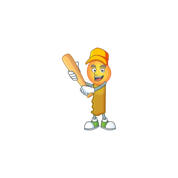 Legrační úsměv zlatá svíčka karikatura maskot hrát baseball — Stockový vektor