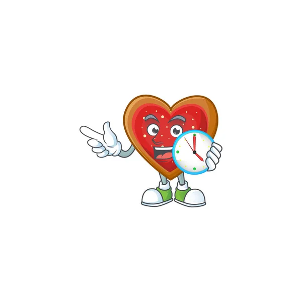 Com o relógio sorrindo amor biscoitos cartoon mascote estilo —  Vetores de Stock