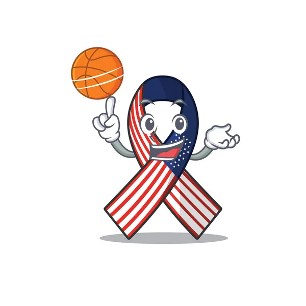 Cartoon usa stuha s držení basketbalový charakter — Stockový vektor