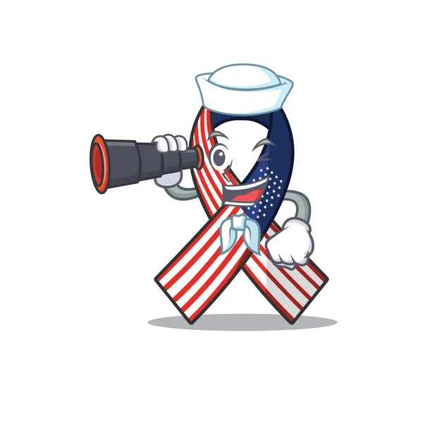 Maskot Amerikan kurdele denizcisi karakterde dürbün tutuyor — Stok Vektör