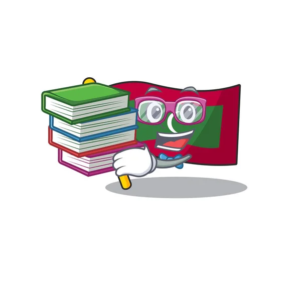 Studente portare libro cartoni animati bandiera maldive con mascotte — Vettoriale Stock