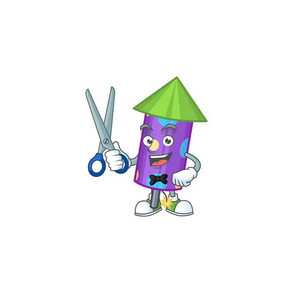 Happy Barber kropka fajerwerki rakieta maskotka postać z kreskówki styl — Wektor stockowy