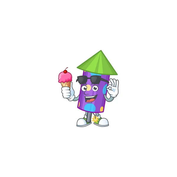 Personagem mascote com foguete fogos de artifício ponto com sorvete — Vetor de Stock