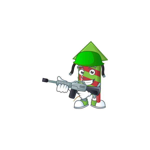 Un estilo de dibujos animados de rayas verdes fuegos artificiales cohete Ejército con ametralladora — Vector de stock