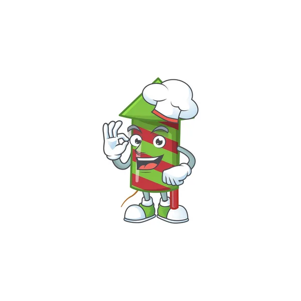 하얀 모자를 쓴 행복 한 요리사 녹색 폭죽 로켓 캐릭터 — 스톡 벡터