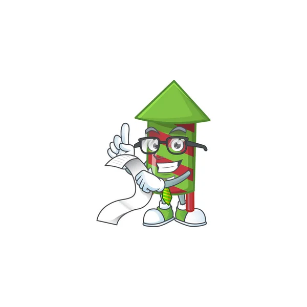 Cute zielone paski fajerwerki Rakieta postać z kreskówki z menu gotowy do służby — Wektor stockowy