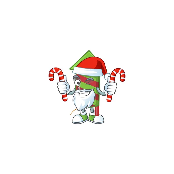 Fuegos artificiales rayas verdes cohete Personaje de dibujos animados en Santa con dulces — Vector de stock