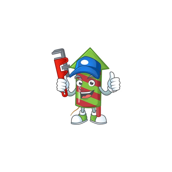 Fontanero rayas verdes cohetes fuegos artificiales en el diseño de la mascota personaje de dibujos animados — Archivo Imágenes Vectoriales