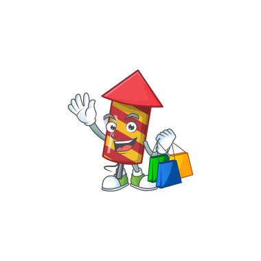 Neşeli kırmızı çizgili havai fişek roket çizgi film karakteri el sallıyor ve alışveriş torbaları tutuyor.