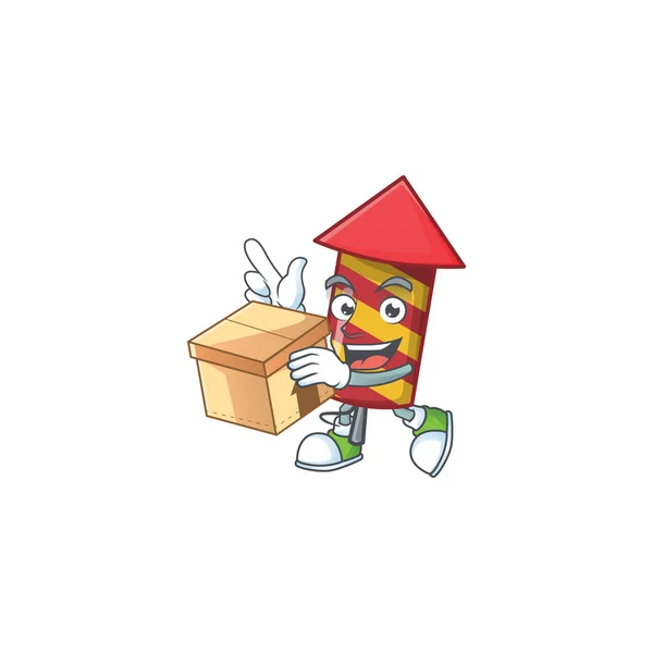 Mit Box super lustige rote Streifen Feuerwerk Rakete Cartoon-Charakter-Stil — Stockvektor