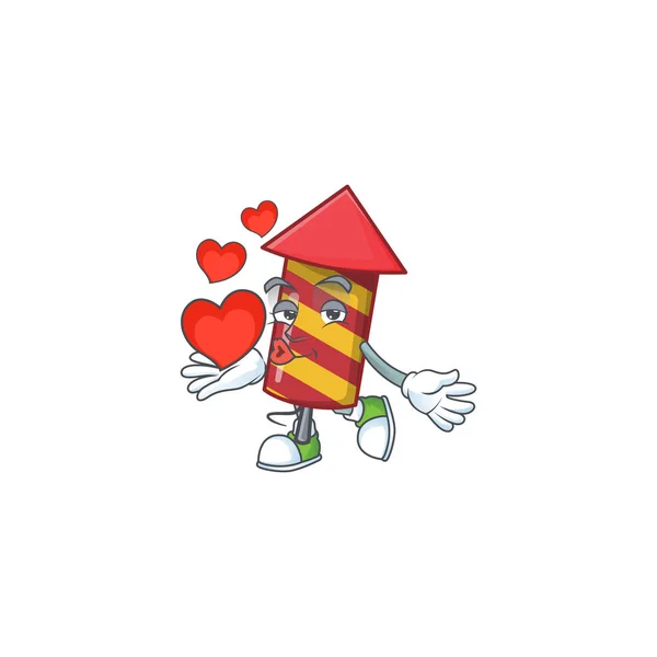 Met hart rode strepen vuurwerk raket cartoon karakter mascotte stijl — Stockvector
