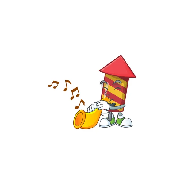 Super legal vermelho listras fogos de artifício foguete cartoon personagem desempenho com trompete — Vetor de Stock