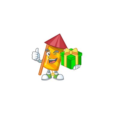 Mutlu sarı çizgili çizgi film karakteri, hediye kutulu havai fişek roketi.