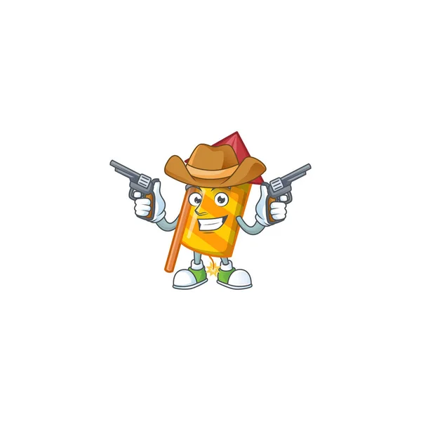 Yellow stripes fireworks rocket cartoon character as a Cowboy holding guns — Stock Vector