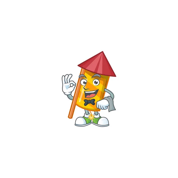 Gelbe Streifen Feuerwerk Rakete Charakter auf einem stilisierten Kellner-Look — Stockvektor