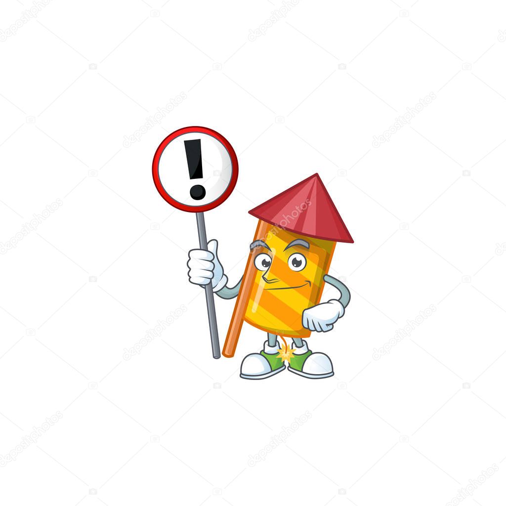 Cartoon style of yellow stripes fireworks rocket with sign in his hand