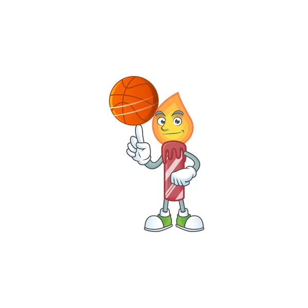 Mascote de listras vermelhas estilo de personagem de desenho animado vela com basquete — Vetor de Stock