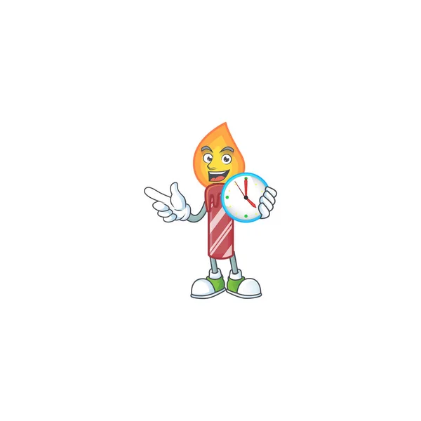 Con reloj sonriente rayas rojas vela dibujos animados estilo mascota — Vector de stock