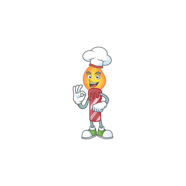 Happy Chef listras vermelhas personagem de desenho animado vela com chapéu branco — Vetor de Stock