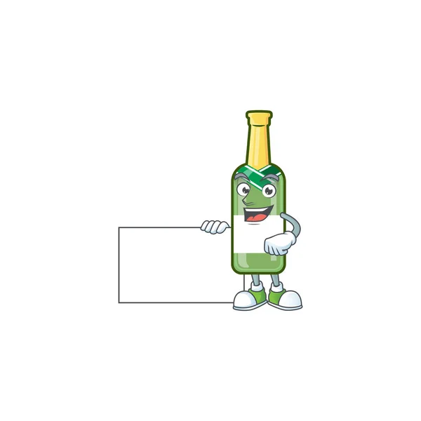 Champanhe verde garrafa bonito personagem de desenho animado com uma placa —  Vetores de Stock