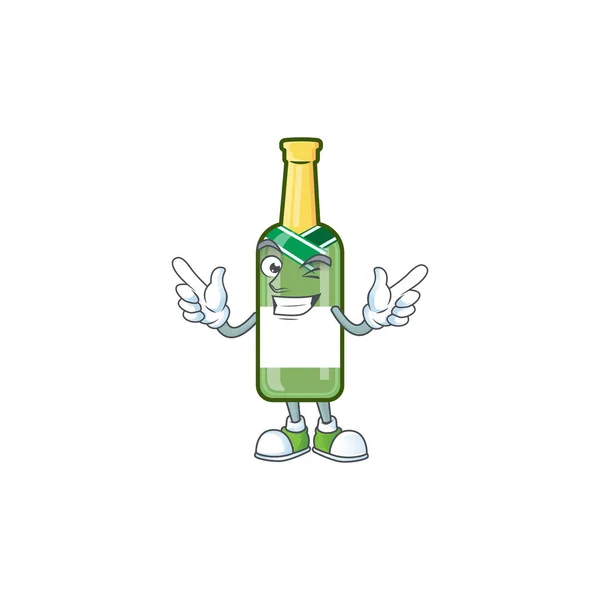 Vtipné šampaňské zelená láhev karikatura charakter styl s mrknutím oka — Stockový vektor