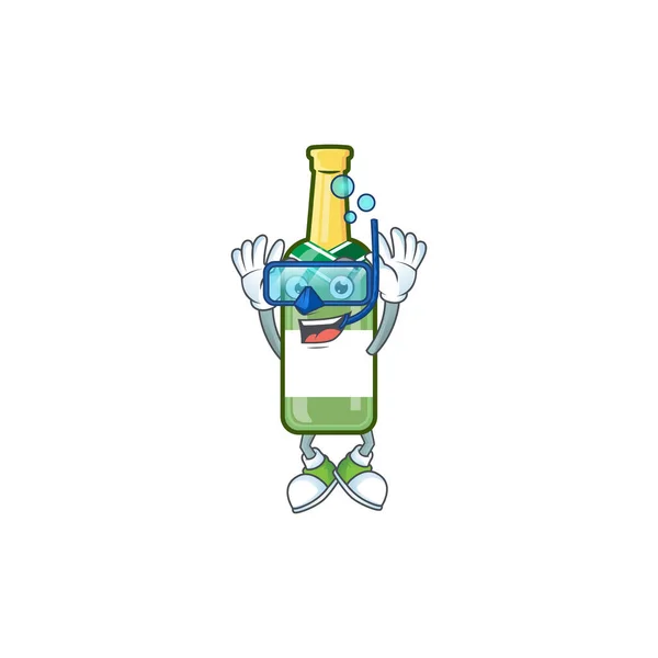 Sonriente champán botella verde de dibujos animados estilo de carácter usando gafas de buceo — Archivo Imágenes Vectoriales