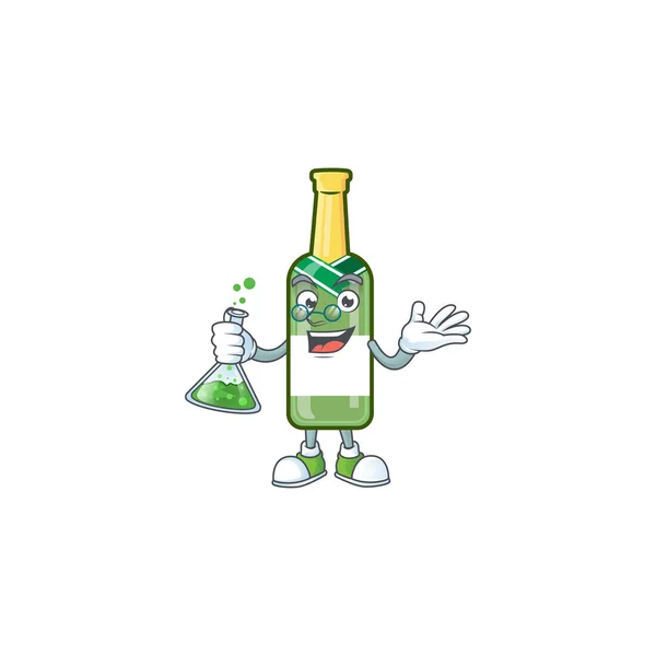 Smart Professor champagne bouteille verte personnage de dessin animé tenant tube de verre — Image vectorielle