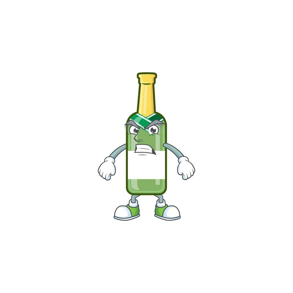 Champagne grön flaska tecknad karaktär stil med argt ansikte — Stock vektor