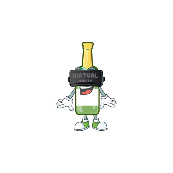 Cool champagne vert bouteille personnage dans le casque de réalité virtuelle — Image vectorielle