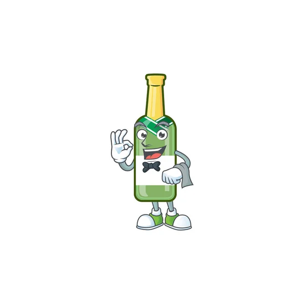 Pezsgő zöld üveg Karakter egy stilizált pincér megjelenés — Stock Vector