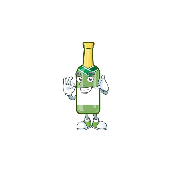 Call me cute champagne green bottle mascot cartoon style — Stock Vector