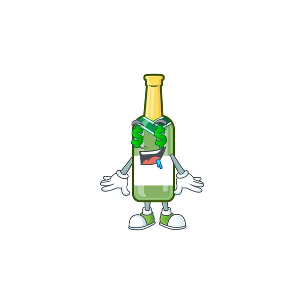Zelená láhev šampaňského s kresleným designem postavy Money eye — Stockový vektor