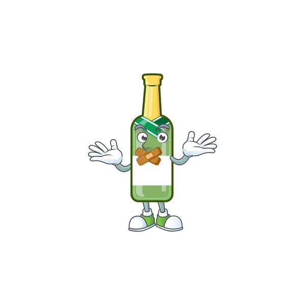 Champán botella verde mascota de dibujos animados estilo haciendo gesto silencioso — Vector de stock