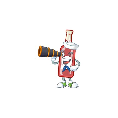 Gülen mutlu denizci dürbünlü şampanya kırmızı şişe çizgi film tasarımı