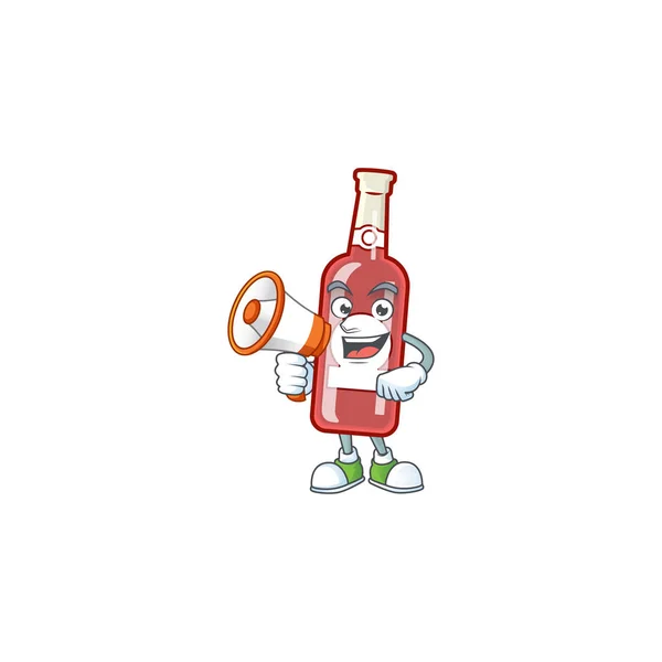 Αστείο στυλ κινουμένων σχεδίων της σαμπάνιας κόκκινο μπουκάλι με μεγάφωνο — Διανυσματικό Αρχείο