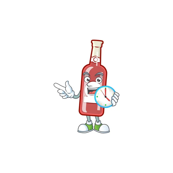 Con reloj sonriente champán botella roja de dibujos animados estilo mascota — Vector de stock