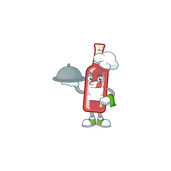 Leende champagne röd flaska som en kock med mat tecknad stil design — Stock vektor