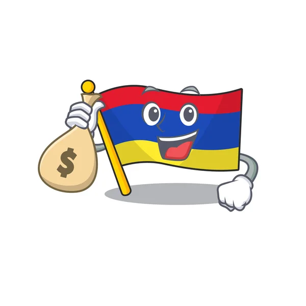 Bandera armenia de dibujos animados con en la celebración de personaje bolsa de dinero — Archivo Imágenes Vectoriales