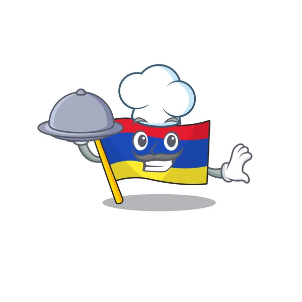 Maskotflagga armenia med i kock som håller mat karaktär — Stock vektor