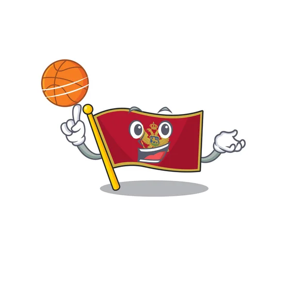 Cartoon flag montenegro izolované v charakteru držení basketbalu — Stockový vektor