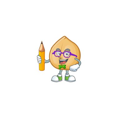 Havalı akıllı öğrenci nohut karakteri kalem tutuyor