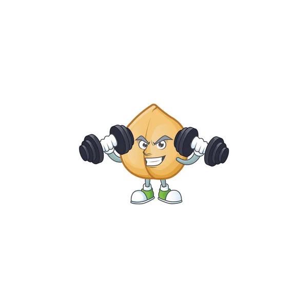 Fitness exercise chickpeas cartoon character holding barbells — Stock Vector